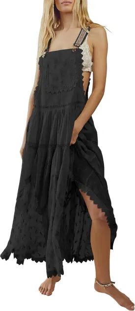 Gacaky Summer Dress for Women Casual Floral Embroidered Bohemian Dress Adjustable Straps Bib Maxi Flowy Dress with Pockets