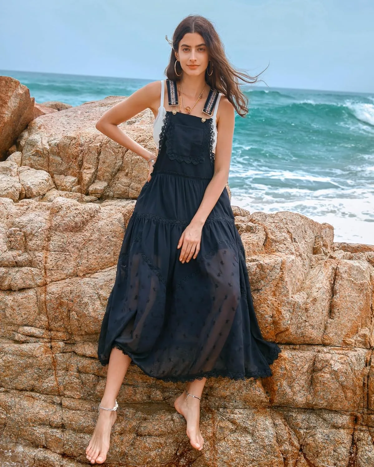 Gacaky Summer Dress for Women Casual Floral Embroidered Bohemian Dress Adjustable Straps Bib Maxi Flowy Dress with Pockets
