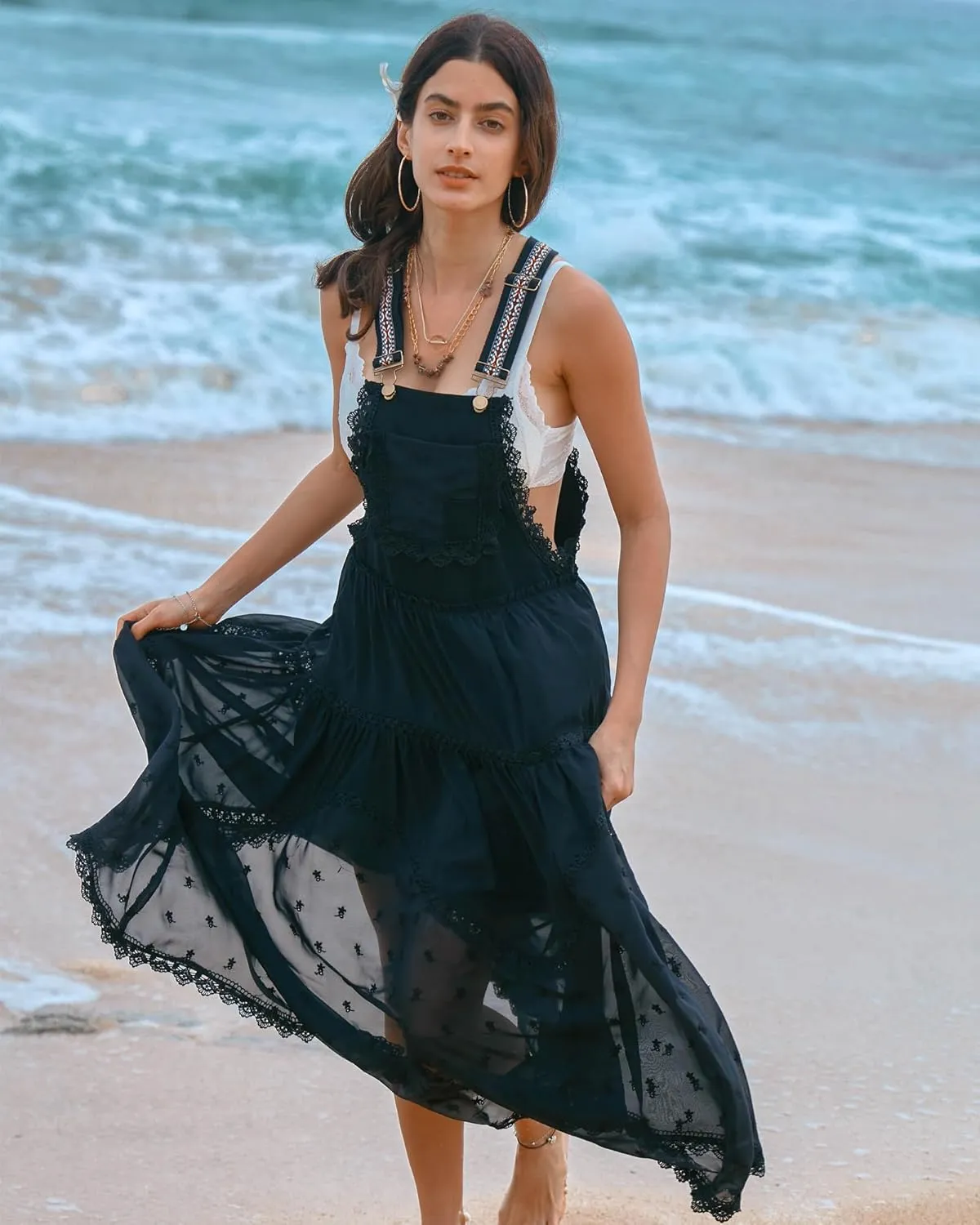 Gacaky Summer Dress for Women Casual Floral Embroidered Bohemian Dress Adjustable Straps Bib Maxi Flowy Dress with Pockets