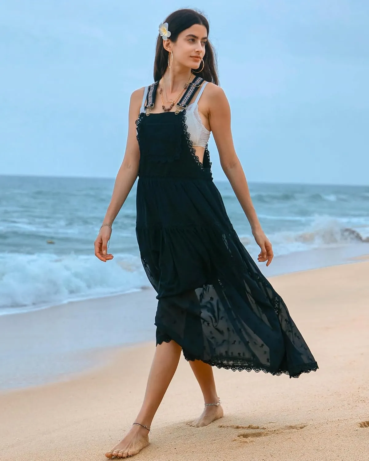Gacaky Summer Dress for Women Casual Floral Embroidered Bohemian Dress Adjustable Straps Bib Maxi Flowy Dress with Pockets