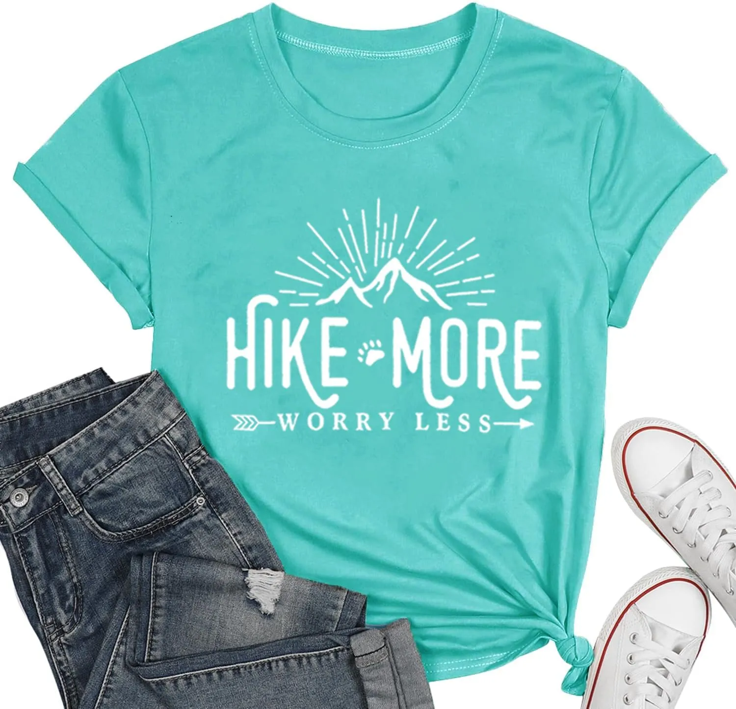 Hiking Shirt for Women Adventure Mountain Graphic Athletic Shirts Funny Hike More Worry Less Tee Tops