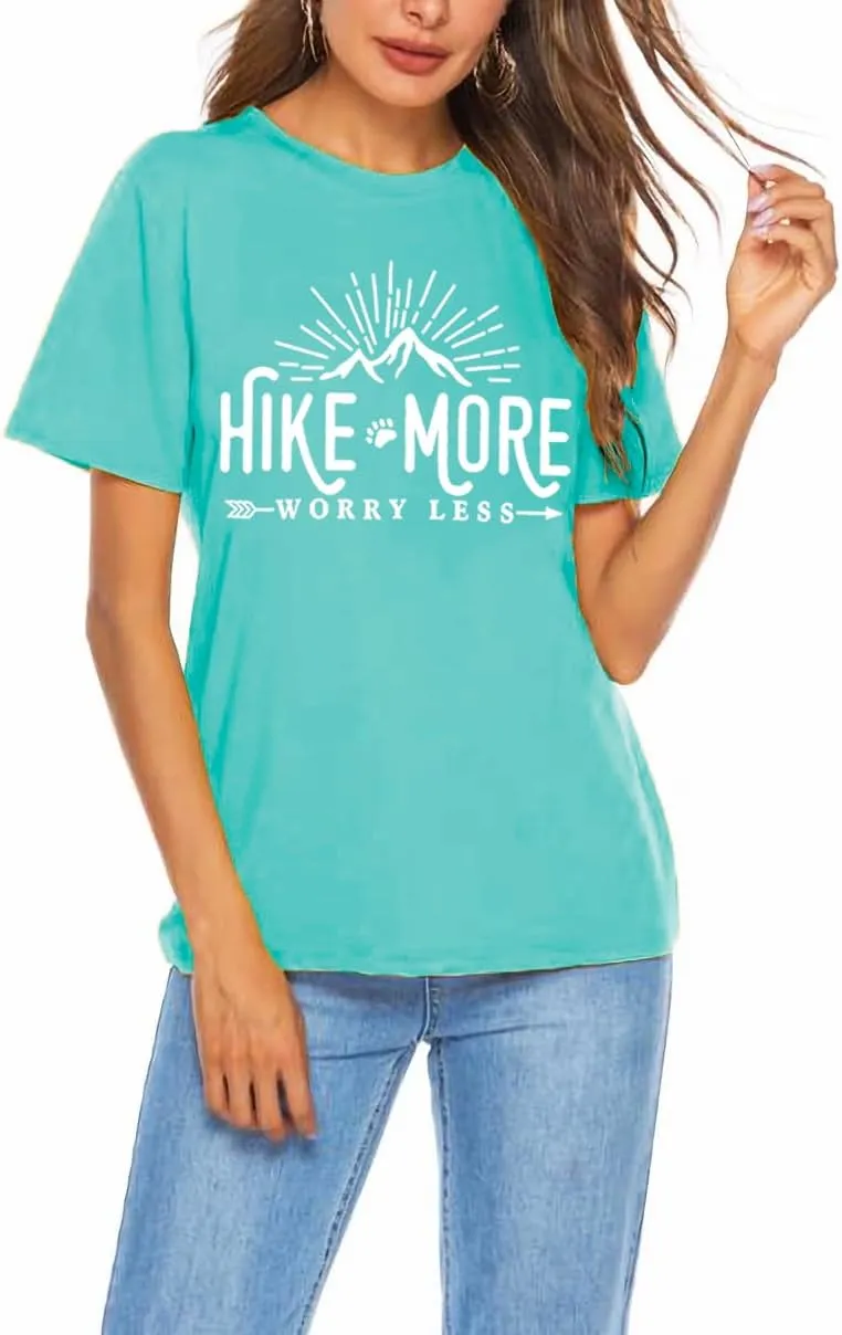 Hiking Shirt for Women Adventure Mountain Graphic Athletic Shirts Funny Hike More Worry Less Tee Tops