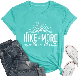 Hiking Shirt for Women Adventure Mountain Graphic Athletic Shirts Funny Hike More Worry Less Tee Tops
