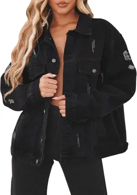 Jean Jacket for Women Distressed Long Sleeve Oversized Denim Trucker Jackets Coat