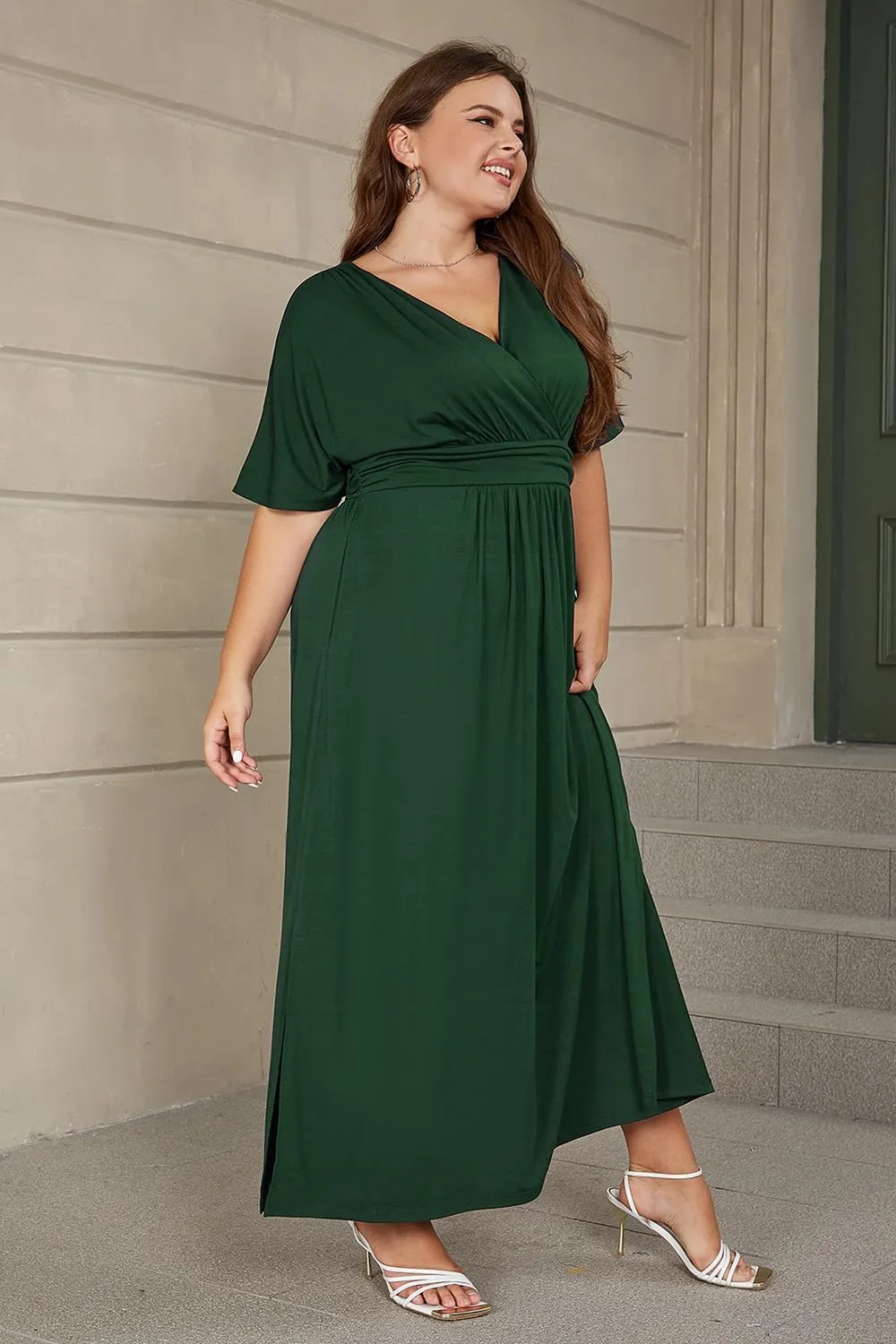 Keluummi Plus Size Wedding Guest Maxi Dress for Curvy Women, Summer Casual Floral Empire Waist 3/4 Sleeve Long Cocktail Dress