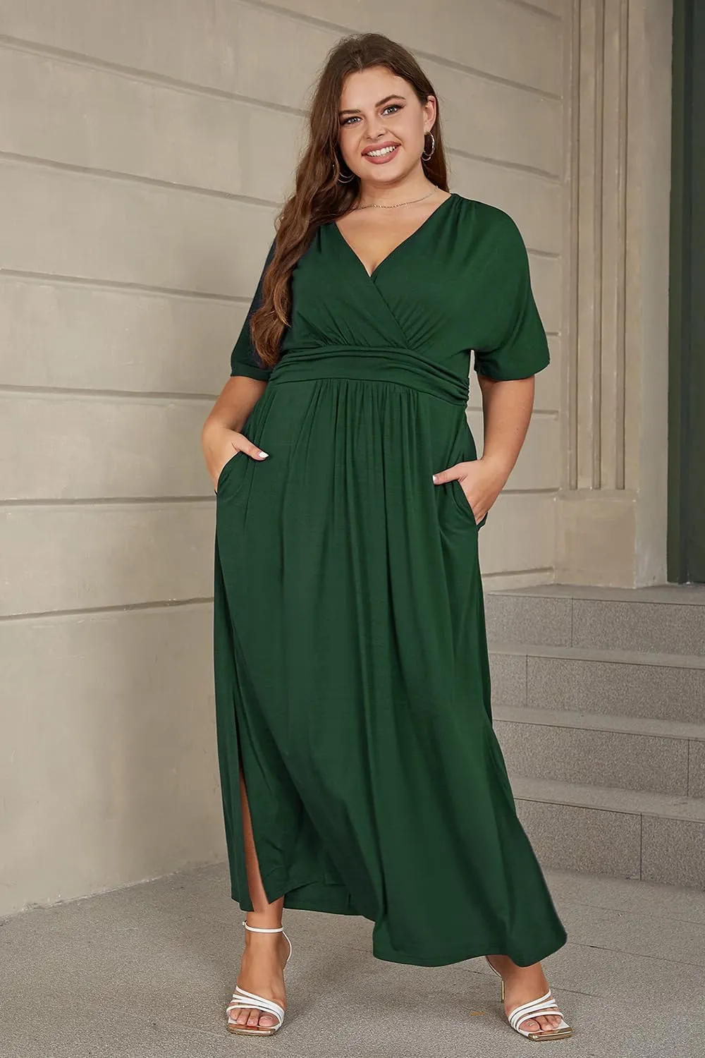Keluummi Plus Size Wedding Guest Maxi Dress for Curvy Women, Summer Casual Floral Empire Waist 3/4 Sleeve Long Cocktail Dress