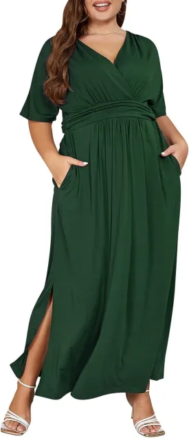 Keluummi Plus Size Wedding Guest Maxi Dress for Curvy Women, Summer Casual Floral Empire Waist 3/4 Sleeve Long Cocktail Dress