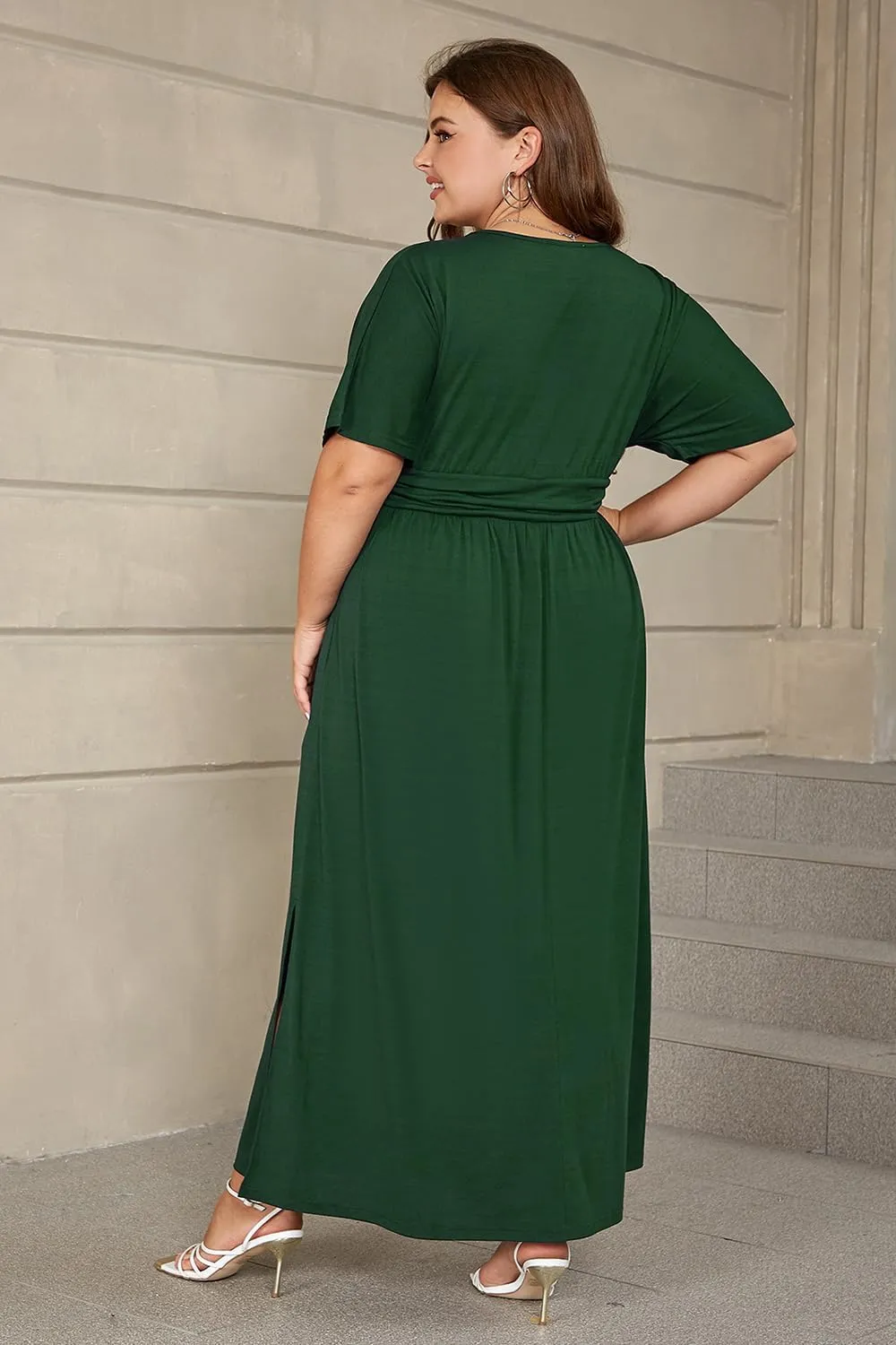 Keluummi Plus Size Wedding Guest Maxi Dress for Curvy Women, Summer Casual Floral Empire Waist 3/4 Sleeve Long Cocktail Dress