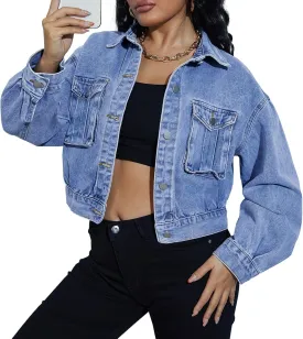 LONGBIDA Women's Jean Jacket Frayed Washed Button Up Cropped Denim Jacket With Pockets