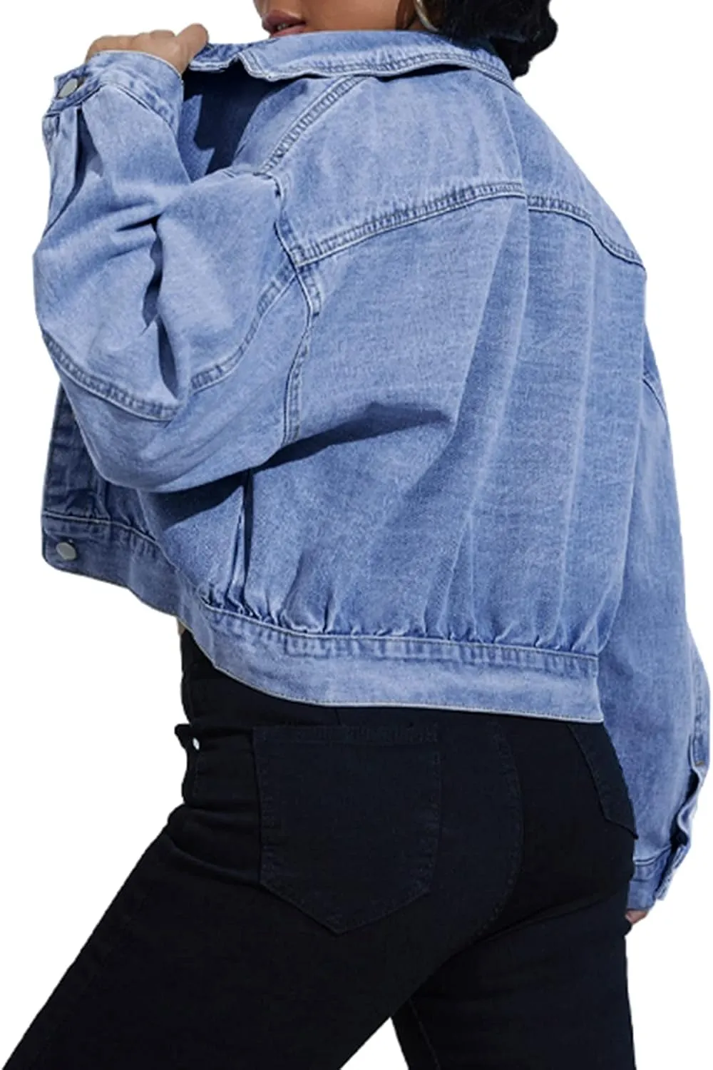 LONGBIDA Women's Jean Jacket Frayed Washed Button Up Cropped Denim Jacket With Pockets