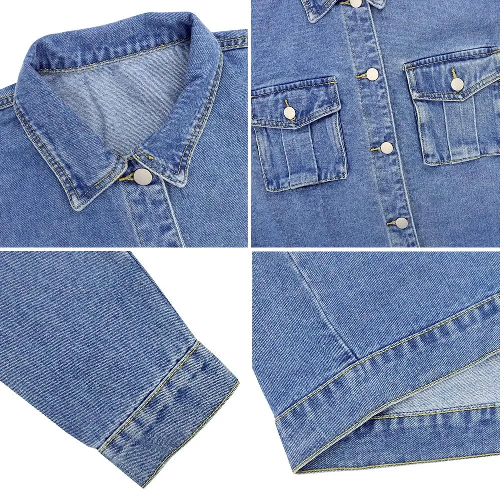LONGBIDA Women's Jean Jacket Frayed Washed Button Up Cropped Denim Jacket With Pockets