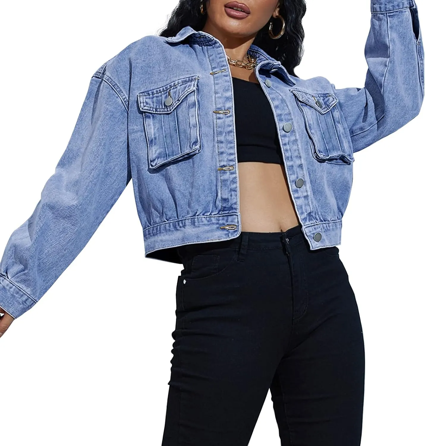 LONGBIDA Women's Jean Jacket Frayed Washed Button Up Cropped Denim Jacket With Pockets