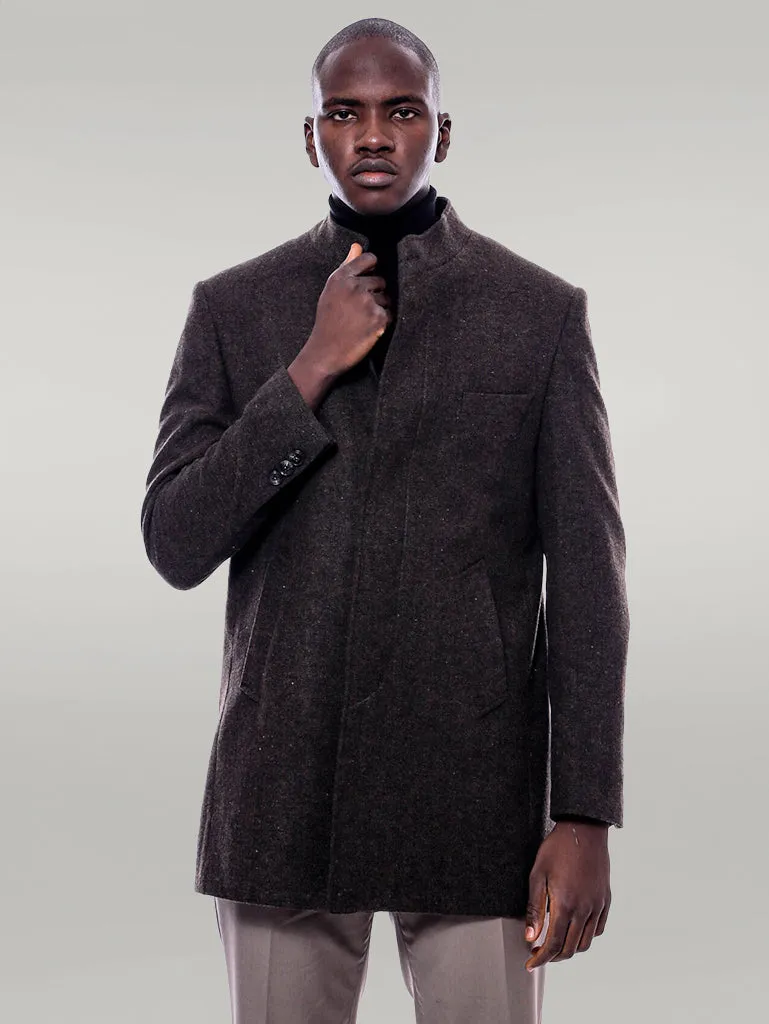 Mandarin Collar Brown Short Coat - Wessi