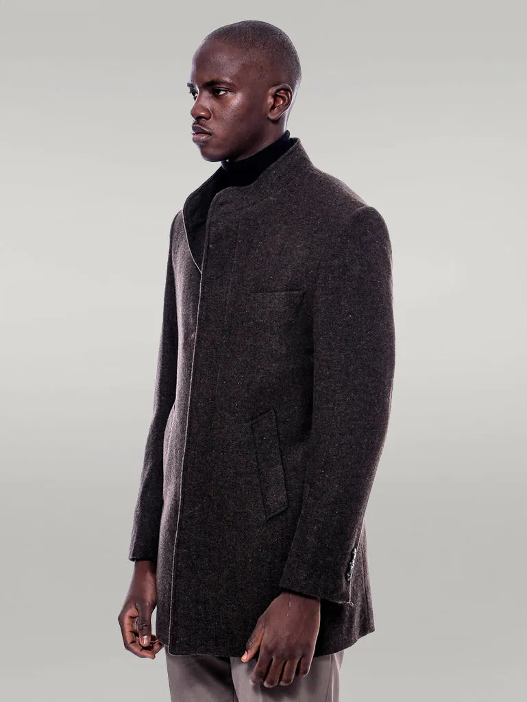 Mandarin Collar Brown Short Coat - Wessi