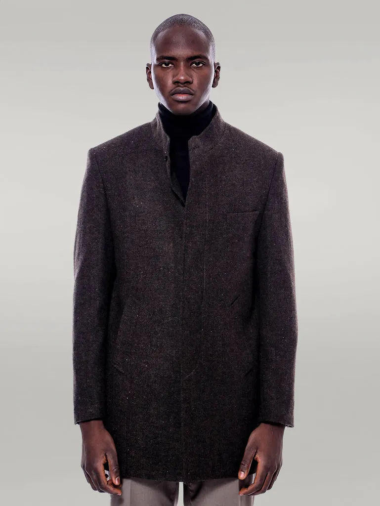 Mandarin Collar Brown Short Coat - Wessi