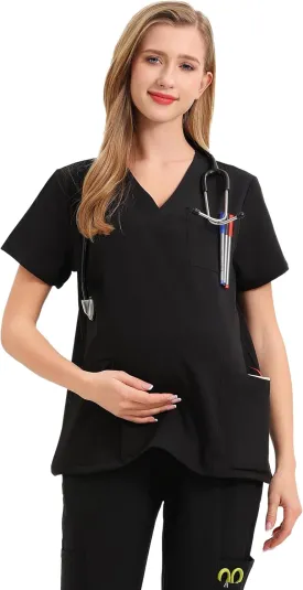 Maternity Scrubs Shirt for Women Doctor Uniform Short Sleeve Pregnant Nurse Scrub with Large Pockets
