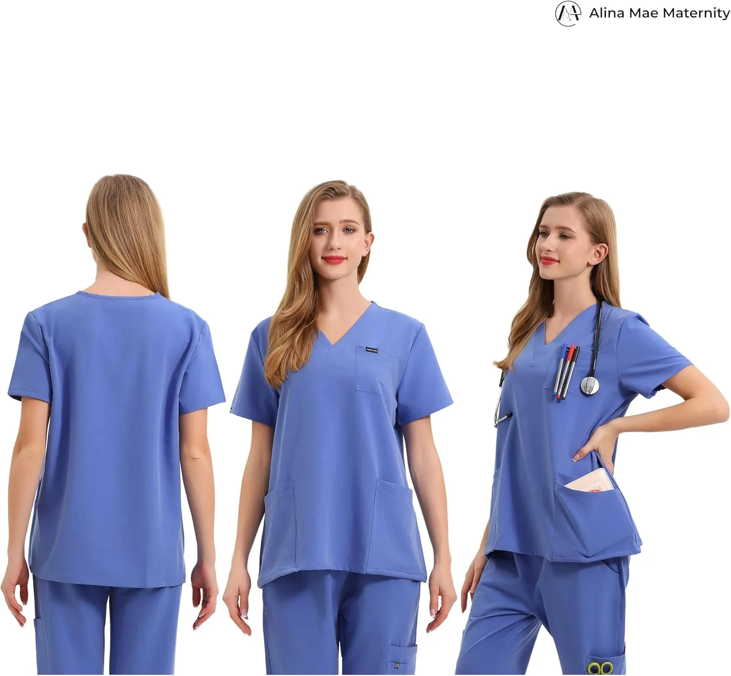 Maternity Scrubs Shirt for Women Doctor Uniform Short Sleeve Pregnant Nurse Scrub with Large Pockets
