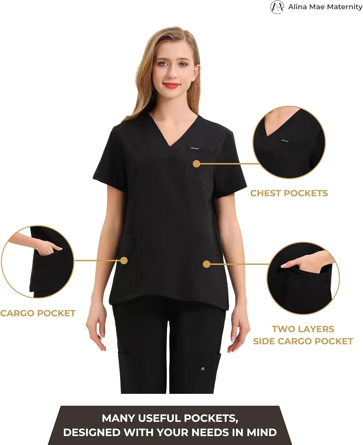 Maternity Scrubs Shirt for Women Doctor Uniform Short Sleeve Pregnant Nurse Scrub with Large Pockets