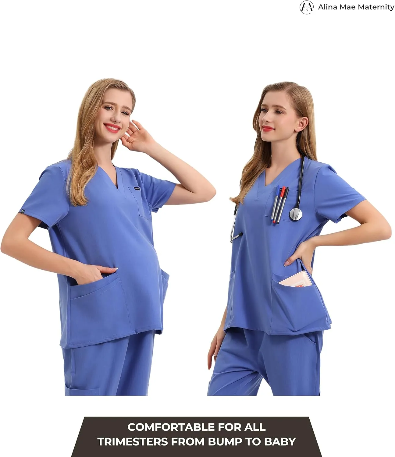 Maternity Scrubs Shirt for Women Doctor Uniform Short Sleeve Pregnant Nurse Scrub with Large Pockets