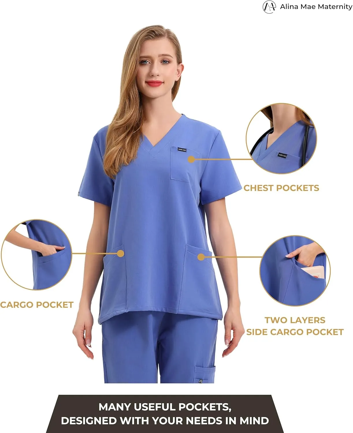 Maternity Scrubs Shirt for Women Doctor Uniform Short Sleeve Pregnant Nurse Scrub with Large Pockets