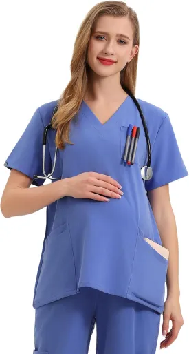Maternity Scrubs Shirt for Women Doctor Uniform Short Sleeve Pregnant Nurse Scrub with Large Pockets