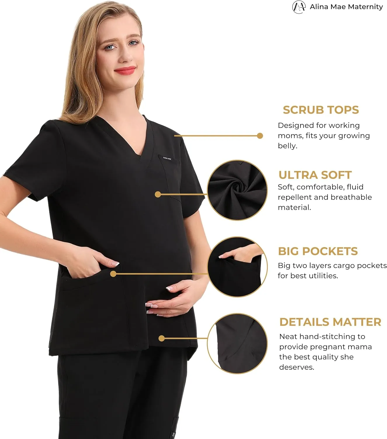 Maternity Scrubs Shirt for Women Doctor Uniform Short Sleeve Pregnant Nurse Scrub with Large Pockets