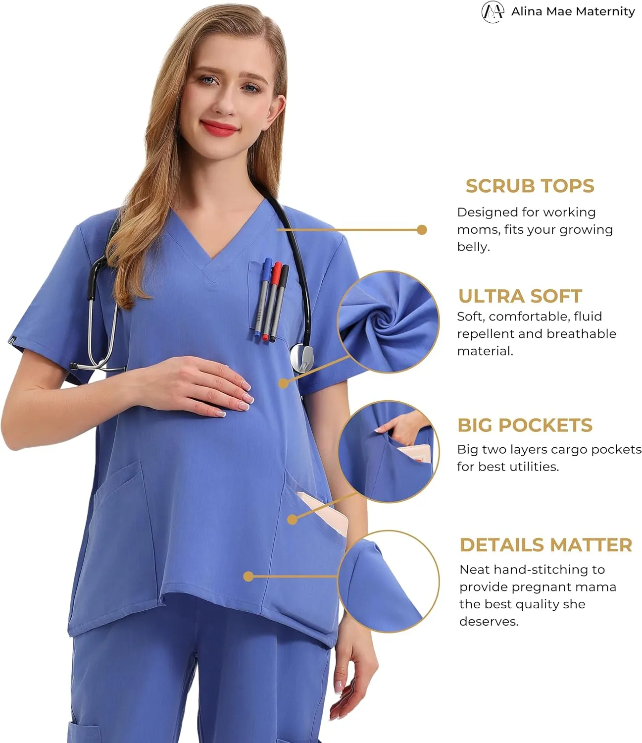 Maternity Scrubs Shirt for Women Doctor Uniform Short Sleeve Pregnant Nurse Scrub with Large Pockets