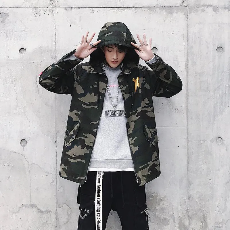 Mens Camo Hooded Bomber Jacket