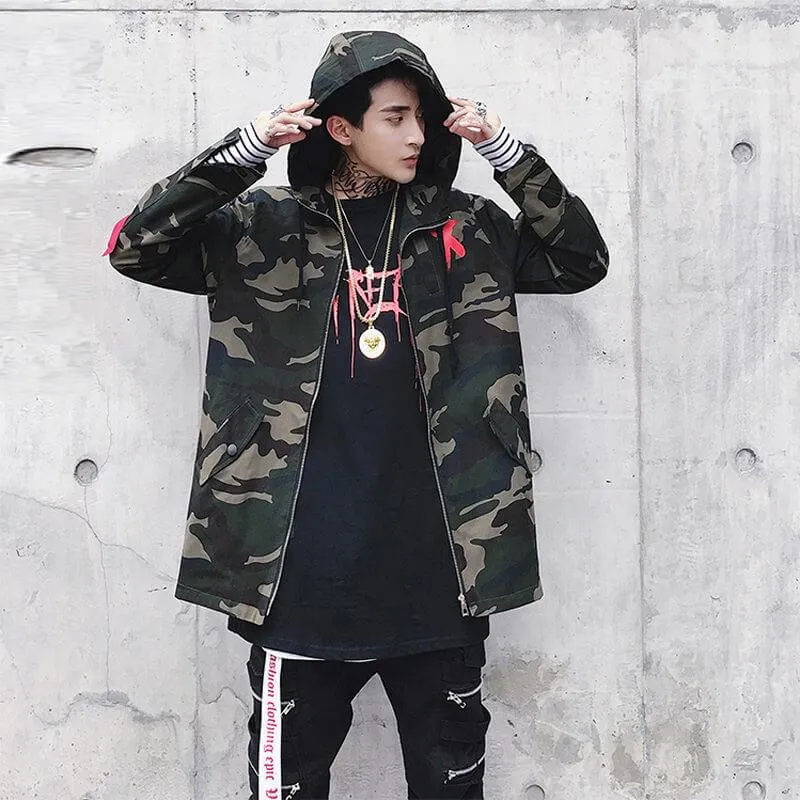 Mens Camo Hooded Bomber Jacket