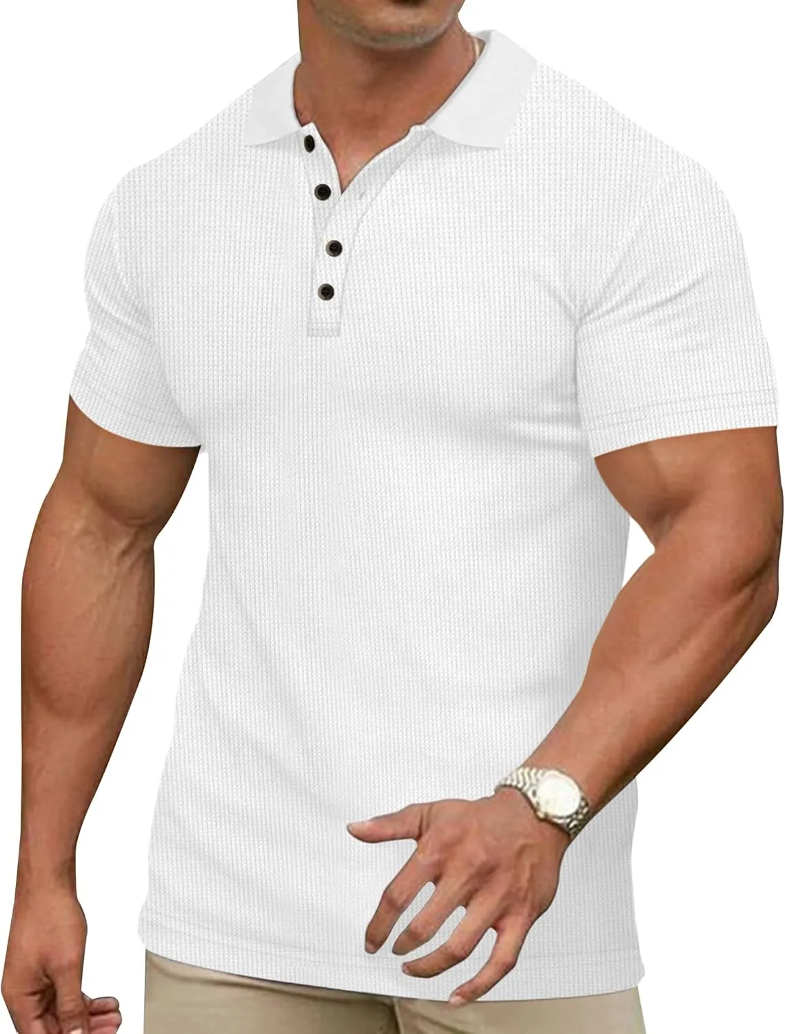 Men's Casual Polo Shirts Classic Button Basic Short Sleeve Waffle Solid Fit Golf Tees Stylish Tops