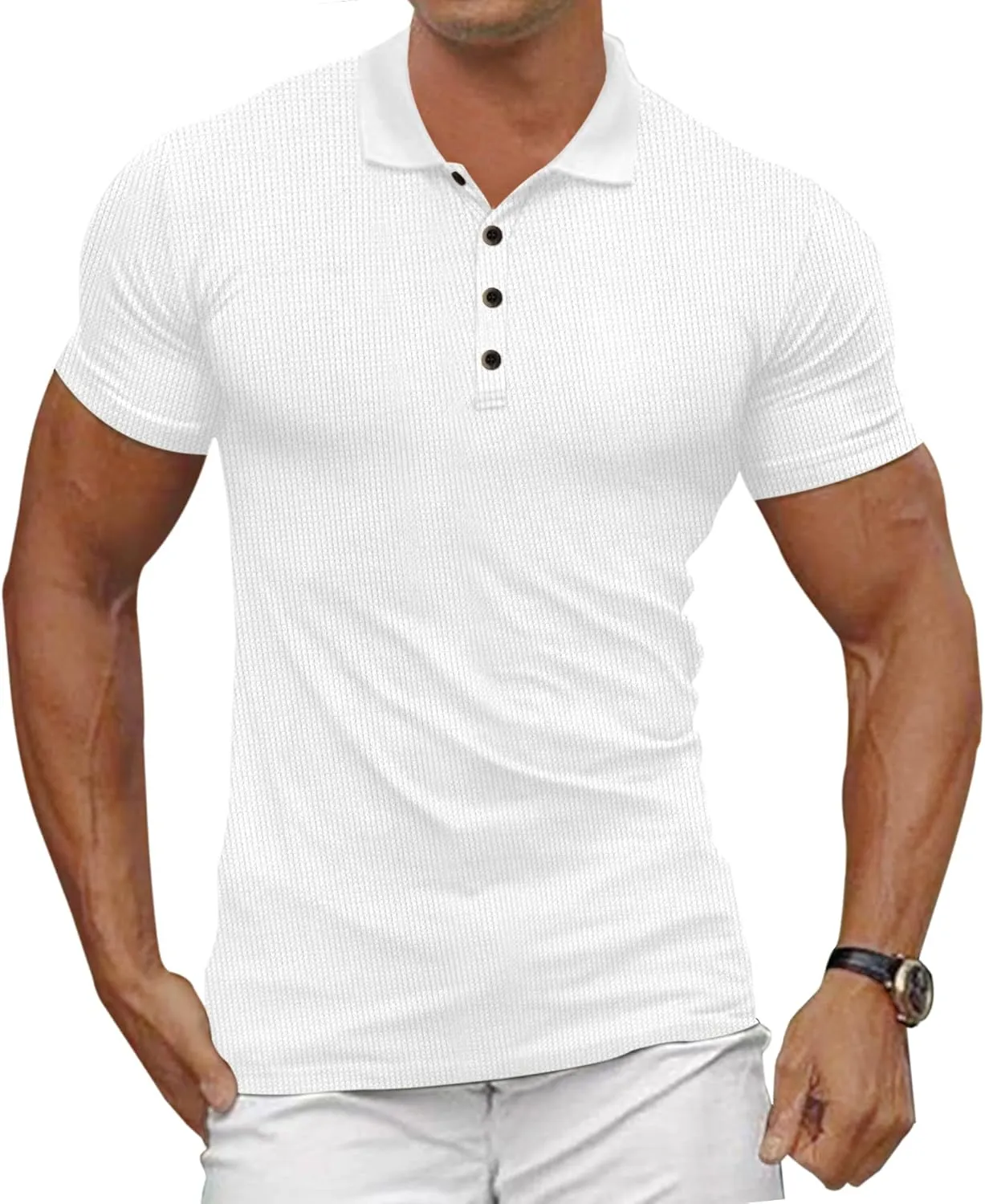 Men's Casual Polo Shirts Classic Button Basic Short Sleeve Waffle Solid Fit Golf Tees Stylish Tops