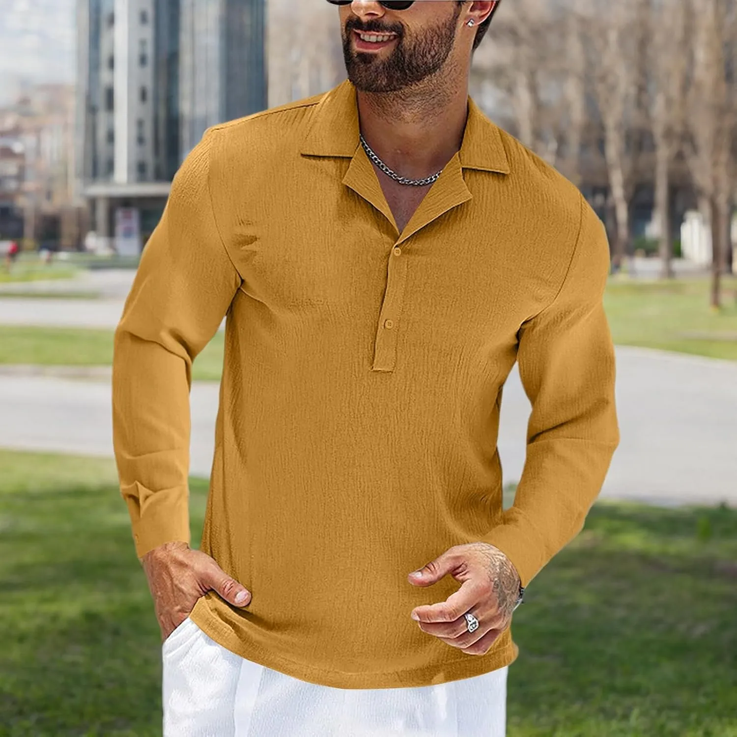 Mens Fashion Polo Shirts Long Sleeve Button Up T Shirts Summer Beach V-Neck Casual Shirts Solid Colour Tops