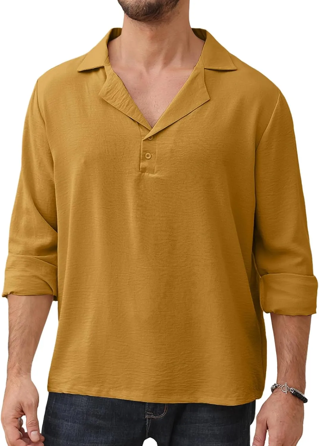 Mens Fashion Polo Shirts Long Sleeve Button Up T Shirts Summer Beach V-Neck Casual Shirts Solid Colour Tops