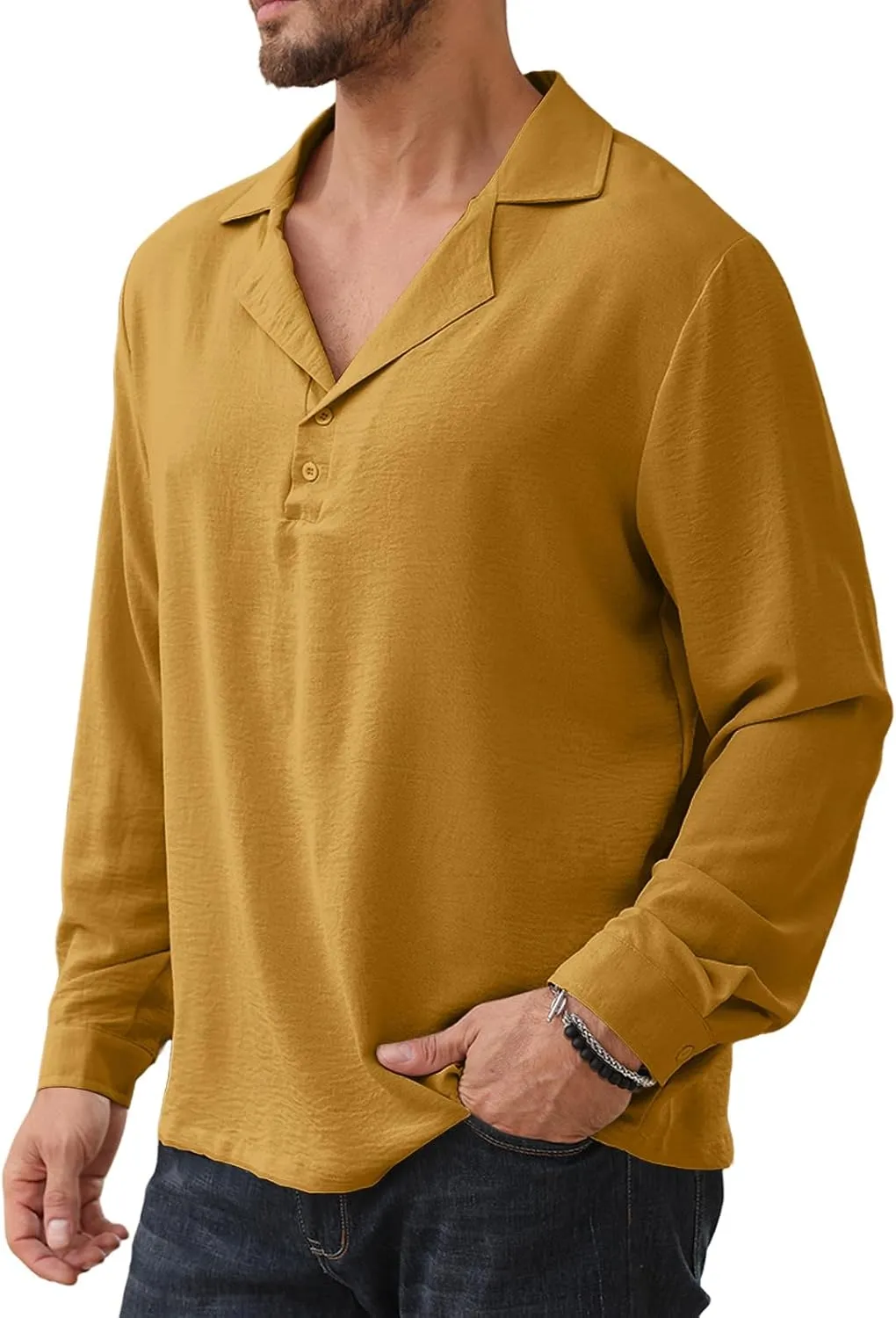 Mens Fashion Polo Shirts Long Sleeve Button Up T Shirts Summer Beach V-Neck Casual Shirts Solid Colour Tops