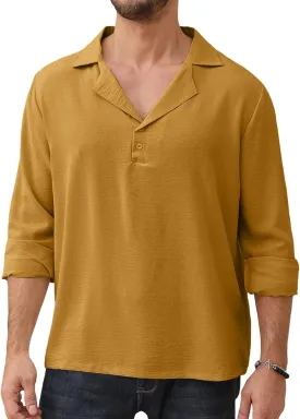 Mens Fashion Polo Shirts Long Sleeve Button Up T Shirts Summer Beach V-Neck Casual Shirts Solid Colour Tops