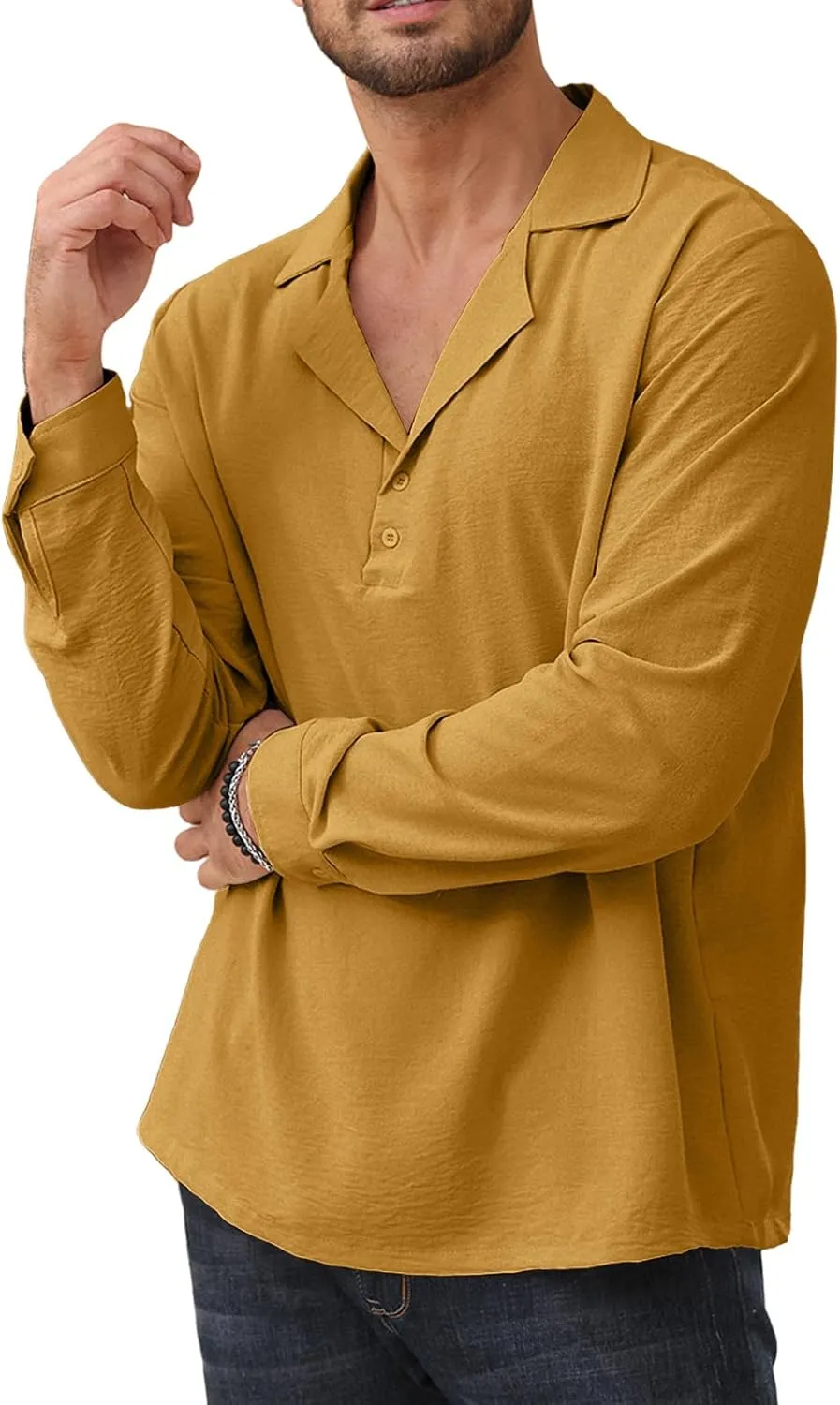 Mens Fashion Polo Shirts Long Sleeve Button Up T Shirts Summer Beach V-Neck Casual Shirts Solid Colour Tops