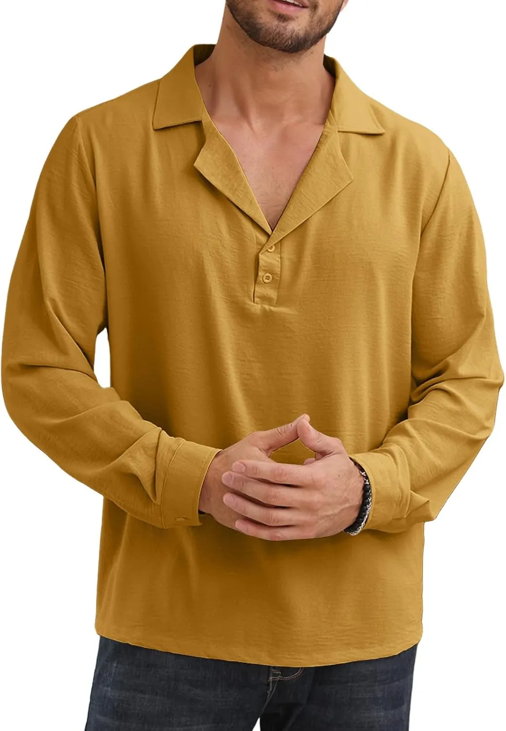 Mens Fashion Polo Shirts Long Sleeve Button Up T Shirts Summer Beach V-Neck Casual Shirts Solid Colour Tops