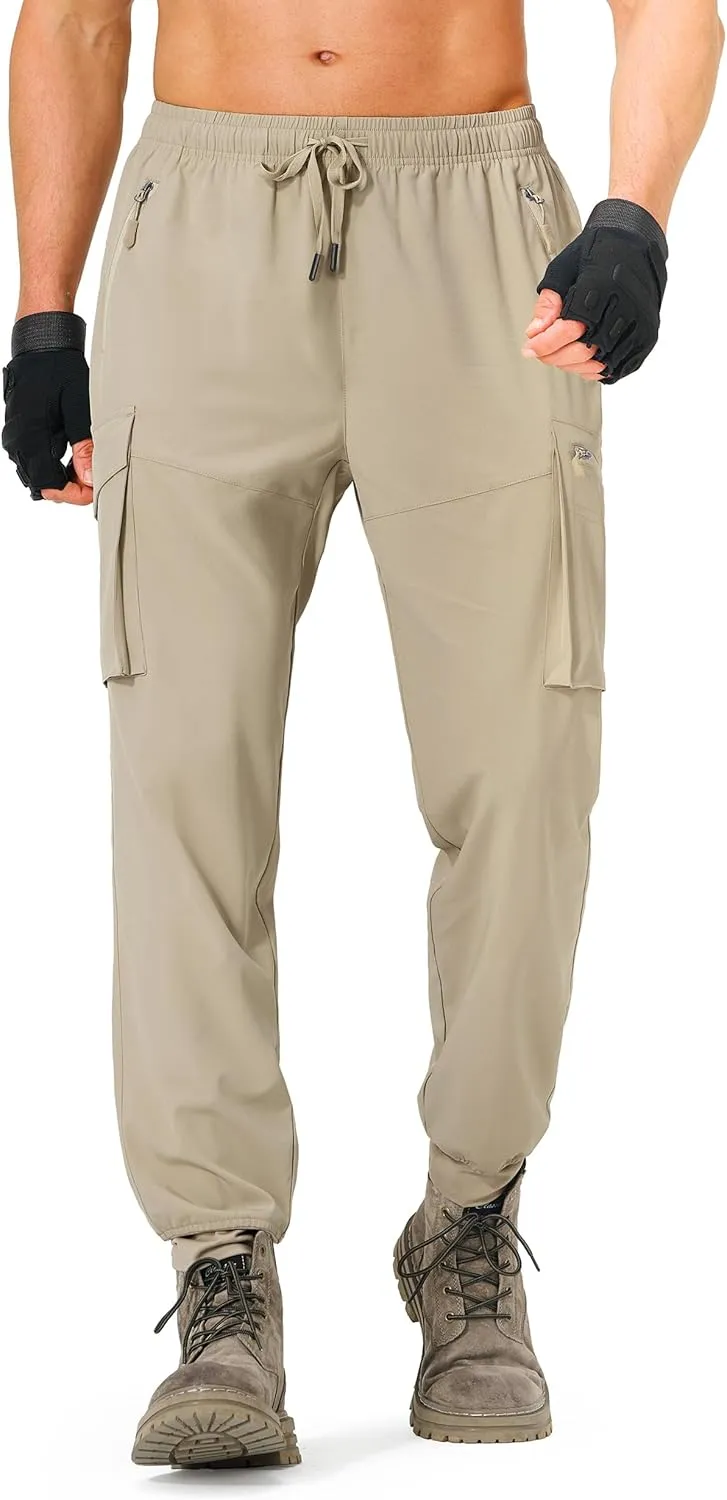 Men's Hiking Pants Cargo Lightweight Quick Dry Elastic Waist Golf Joggers with Zipper Pockets Water Resistant