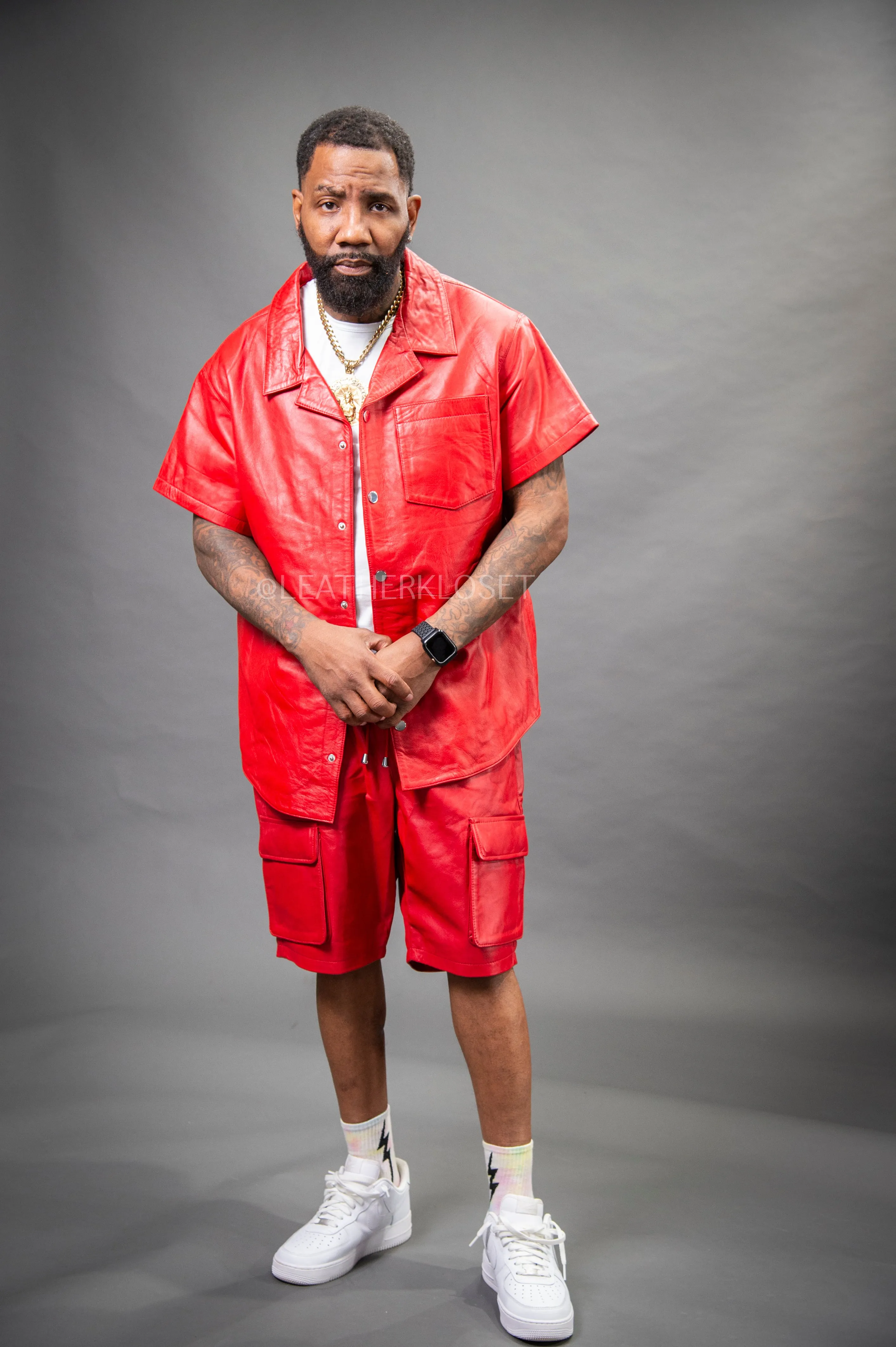 Men's Summer In Miami Leather Shirt And Cargo Shorts Set [Red]