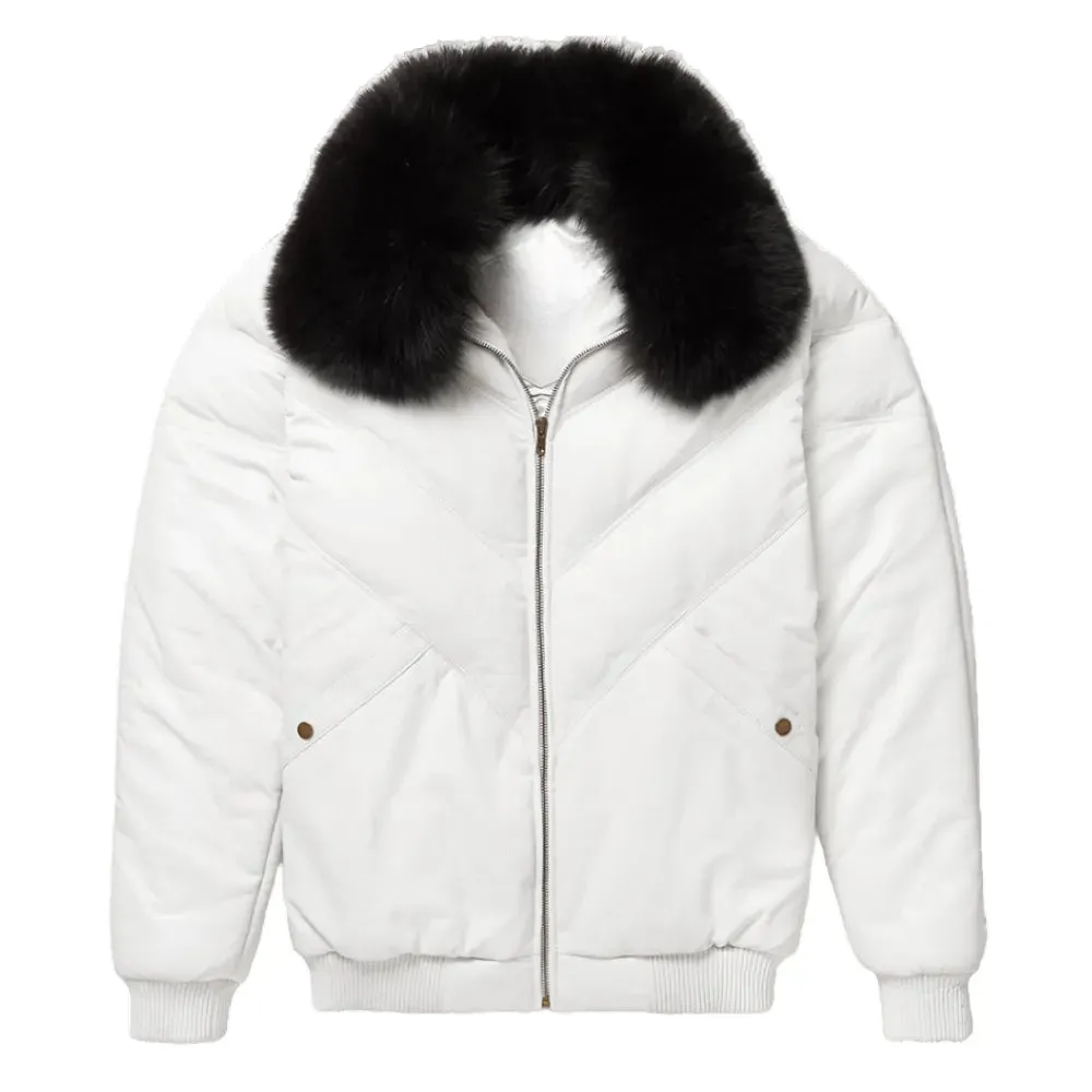 Mens White Leather V Bomber Jacket With Black Fur Collar