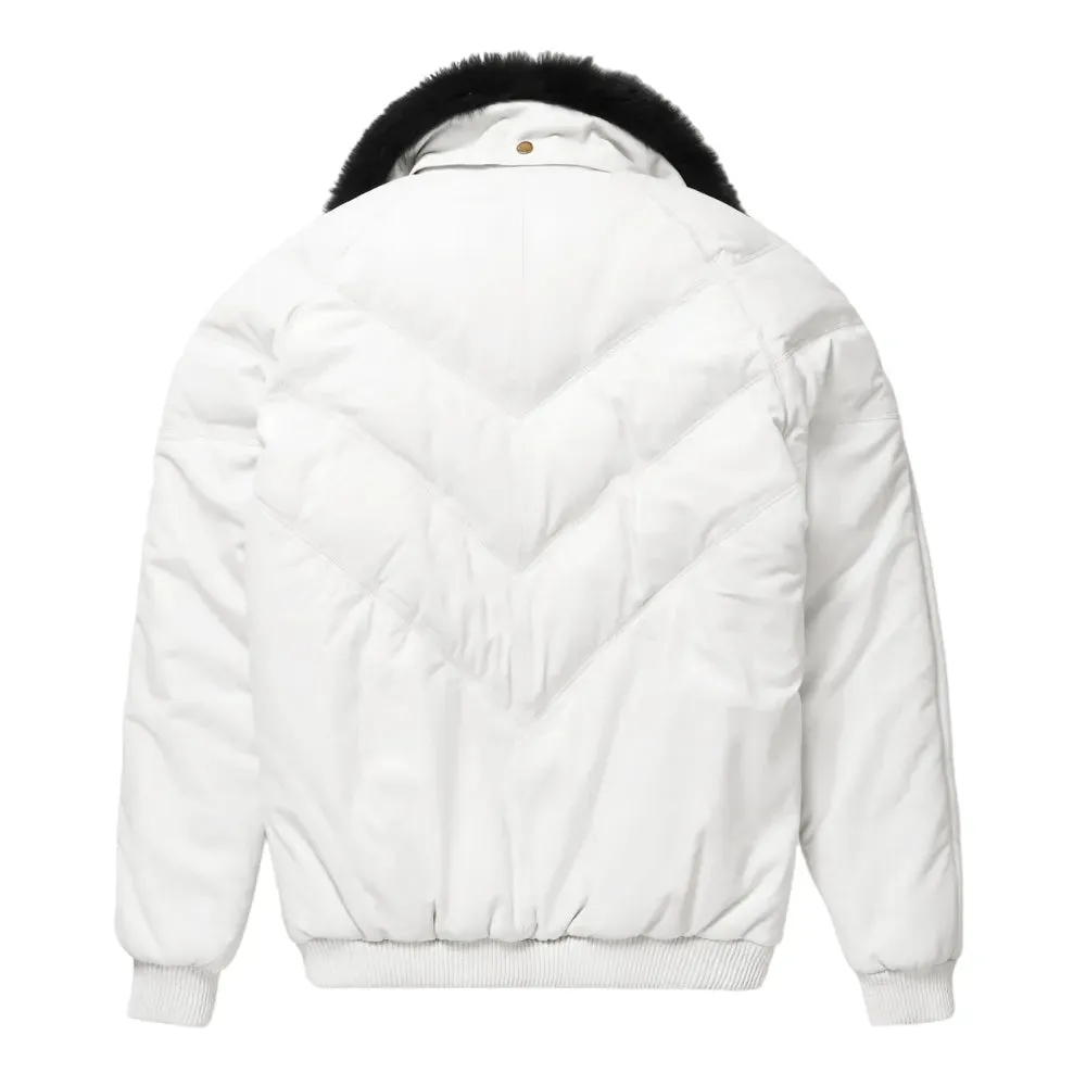 Mens White Leather V Bomber Jacket With Black Fur Collar