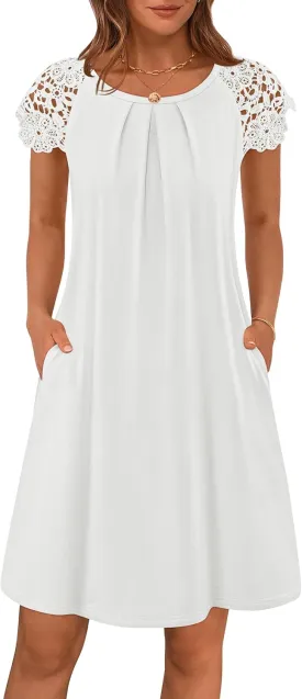 MEROKEETY Women's Casual Summer T Shirt Dress Beach Vacation Lace Sleeveless Flowy Pleated Mini Sundress