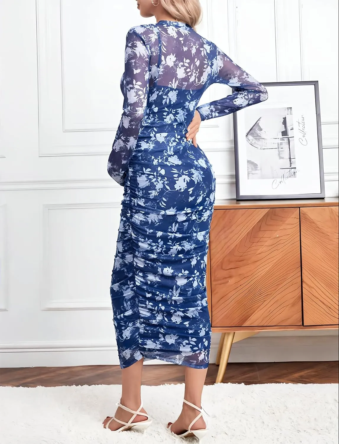 Mesh Maternity Dress Ruched Side Round Neck Pregnancy Dresses Baby Shower Wedding Guest Cocktail Party 2024 Fall