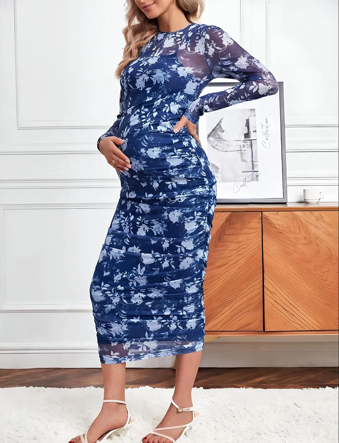 Mesh Maternity Dress Ruched Side Round Neck Pregnancy Dresses Baby Shower Wedding Guest Cocktail Party 2024 Fall