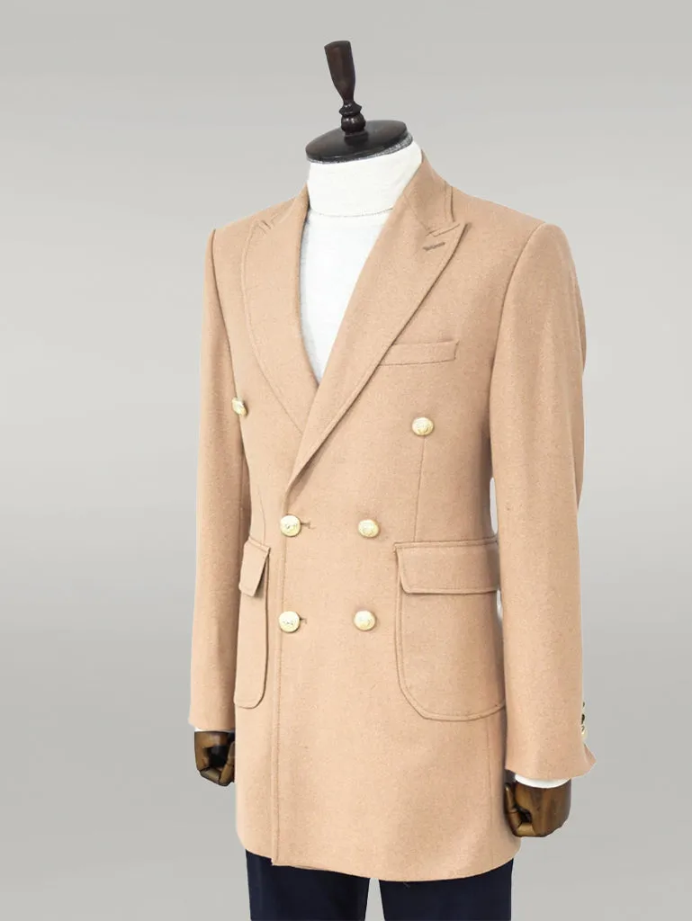 Metal Buttoned Double Breasted Cream Men Coat - Wessi