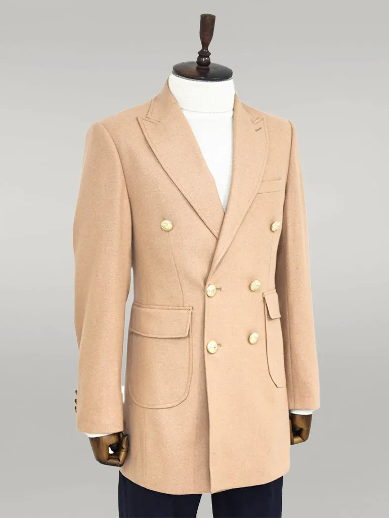 Metal Buttoned Double Breasted Cream Men Coat - Wessi