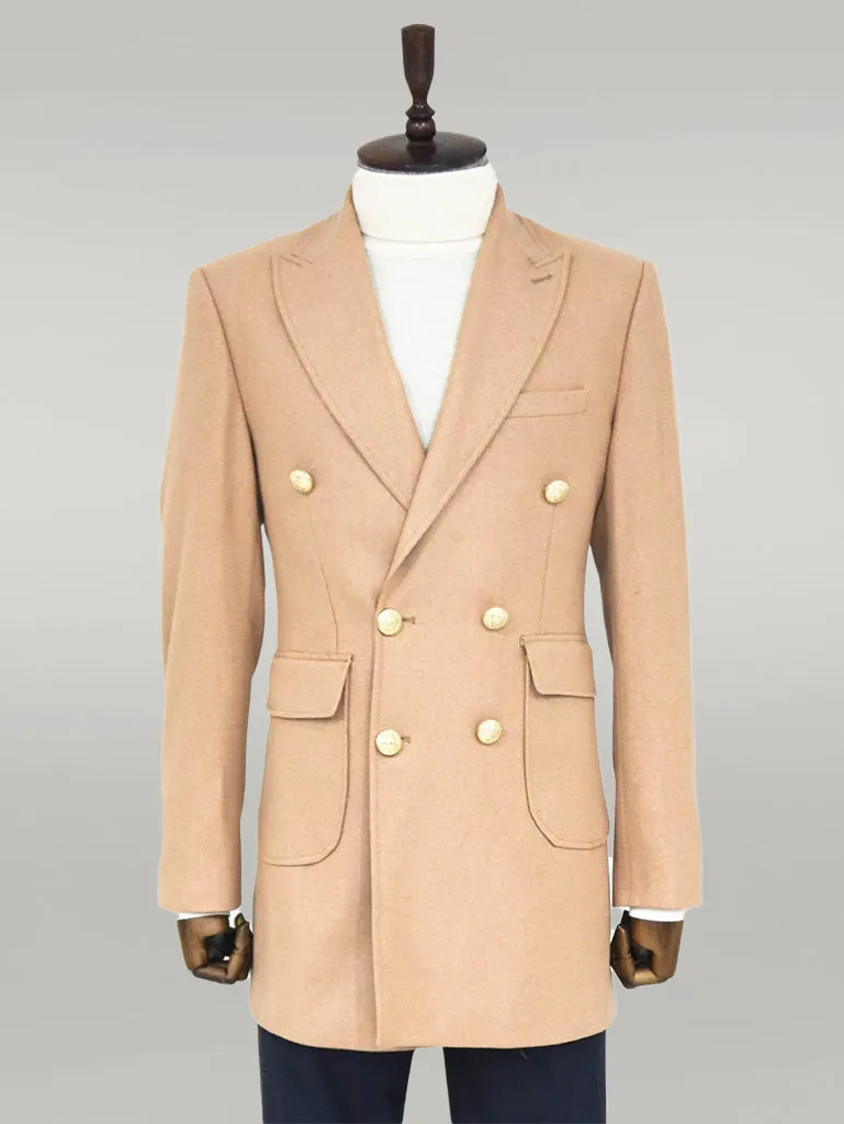 Metal Buttoned Double Breasted Cream Men Coat - Wessi