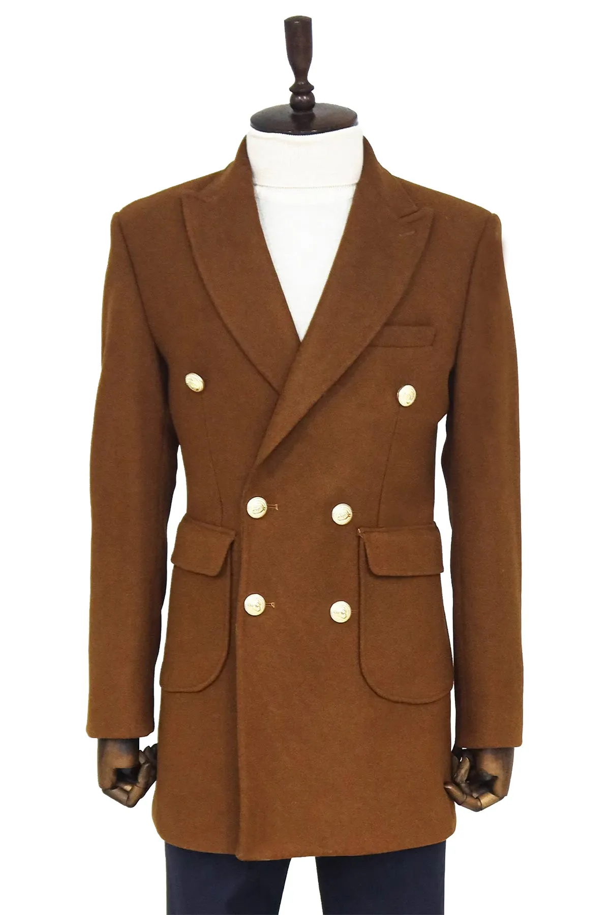 Metal Buttoned Double Breasted Tan Men Coat - Wessi
