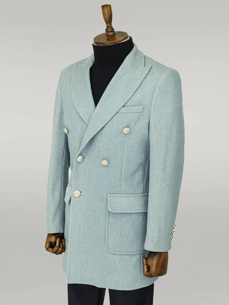 Metal Buttons Wool Cashmere Light Blue Men Double Breasted Coat - Wessi