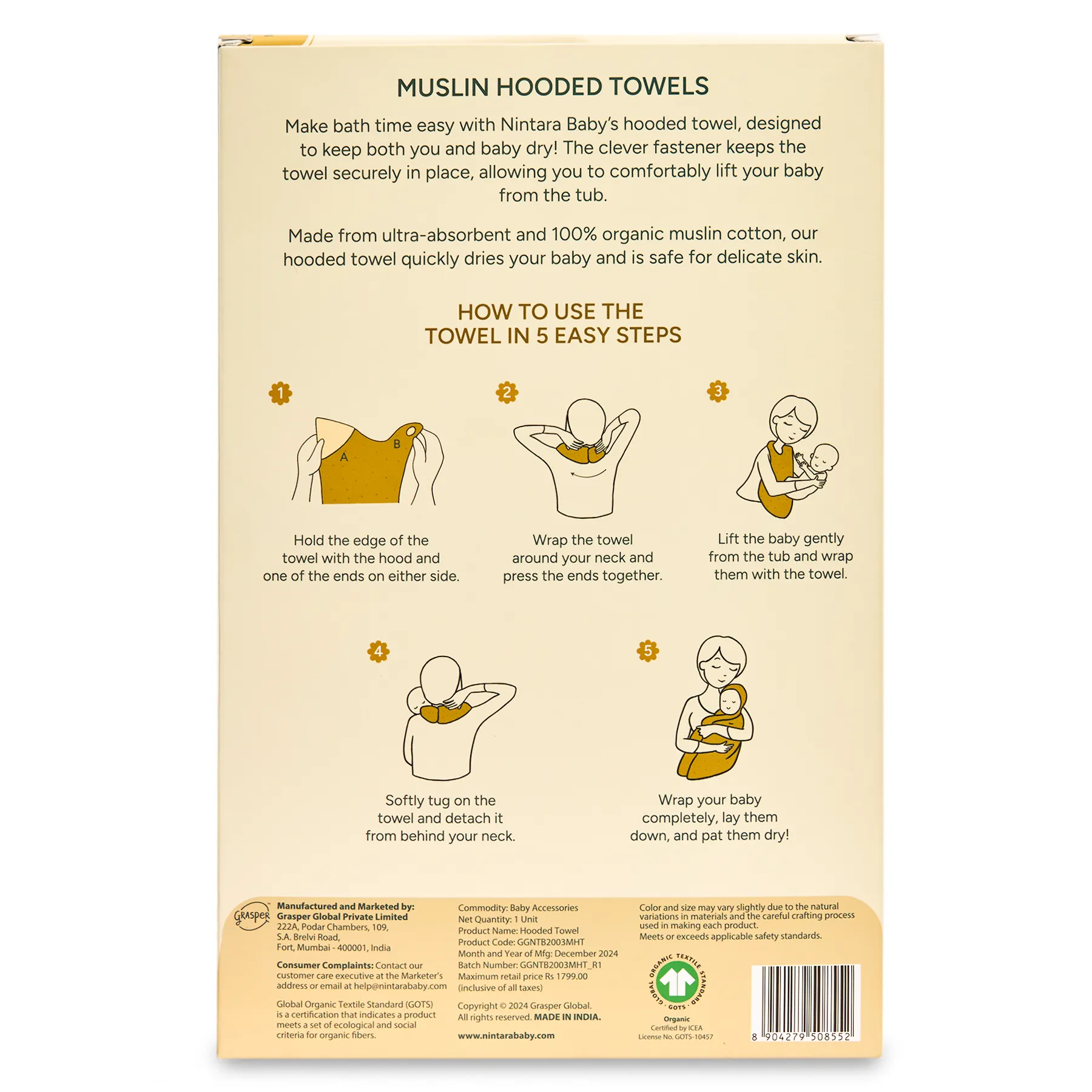 Nintara Baby Hooded Towel - 100% Organic Premium Muslin Cotton, 30" x 30" (76 cm x 76 cm), Ultra-Absorbent, Soft, Breathable, Hypoallergenic, Multipurpose, Gifts for Babies & Infants
